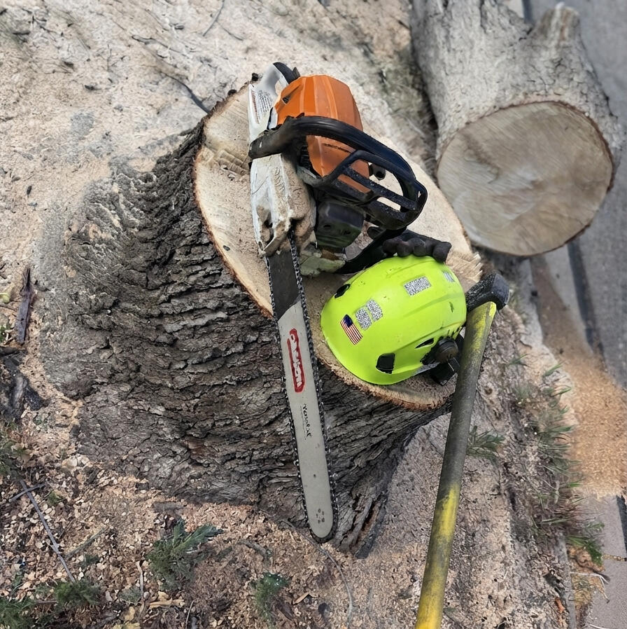 Professional tree removal and chainsaw gear on job site in Thornton, CO by Emberglow Canopy Care